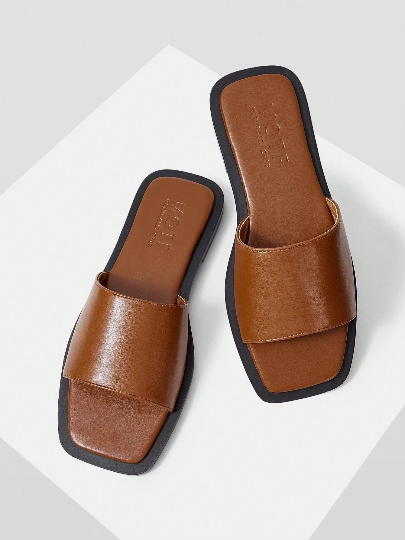MOTF PREMIUM SQUARE TOE MINIMALIST TWO TONE MULE FLAT SANDALS shein