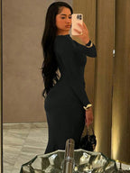 Fashionable Pleated Round Neck Long Sleeve Bodycon Dress shein