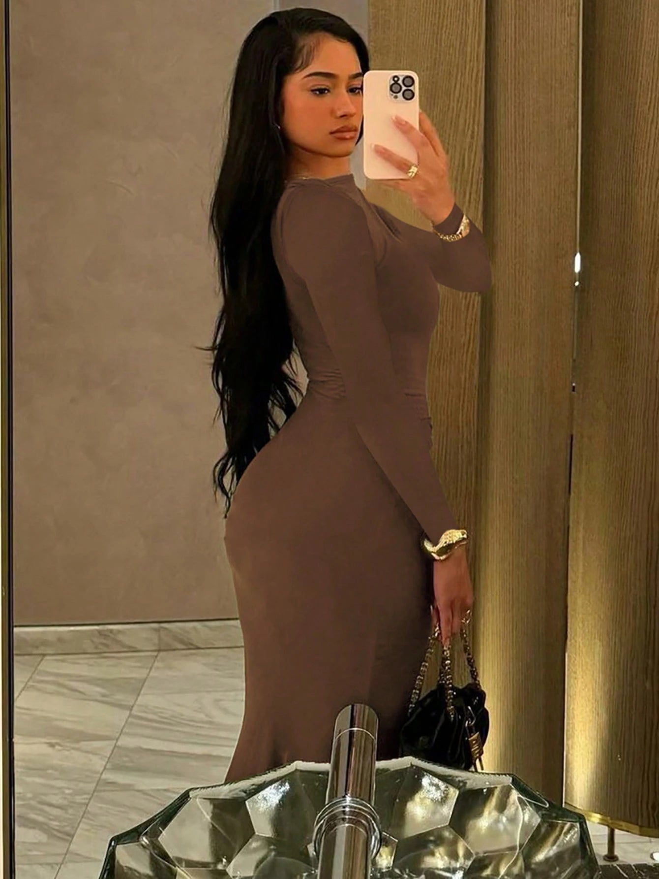 Fashionable Pleated Round Neck Long Sleeve Bodycon Dress shein