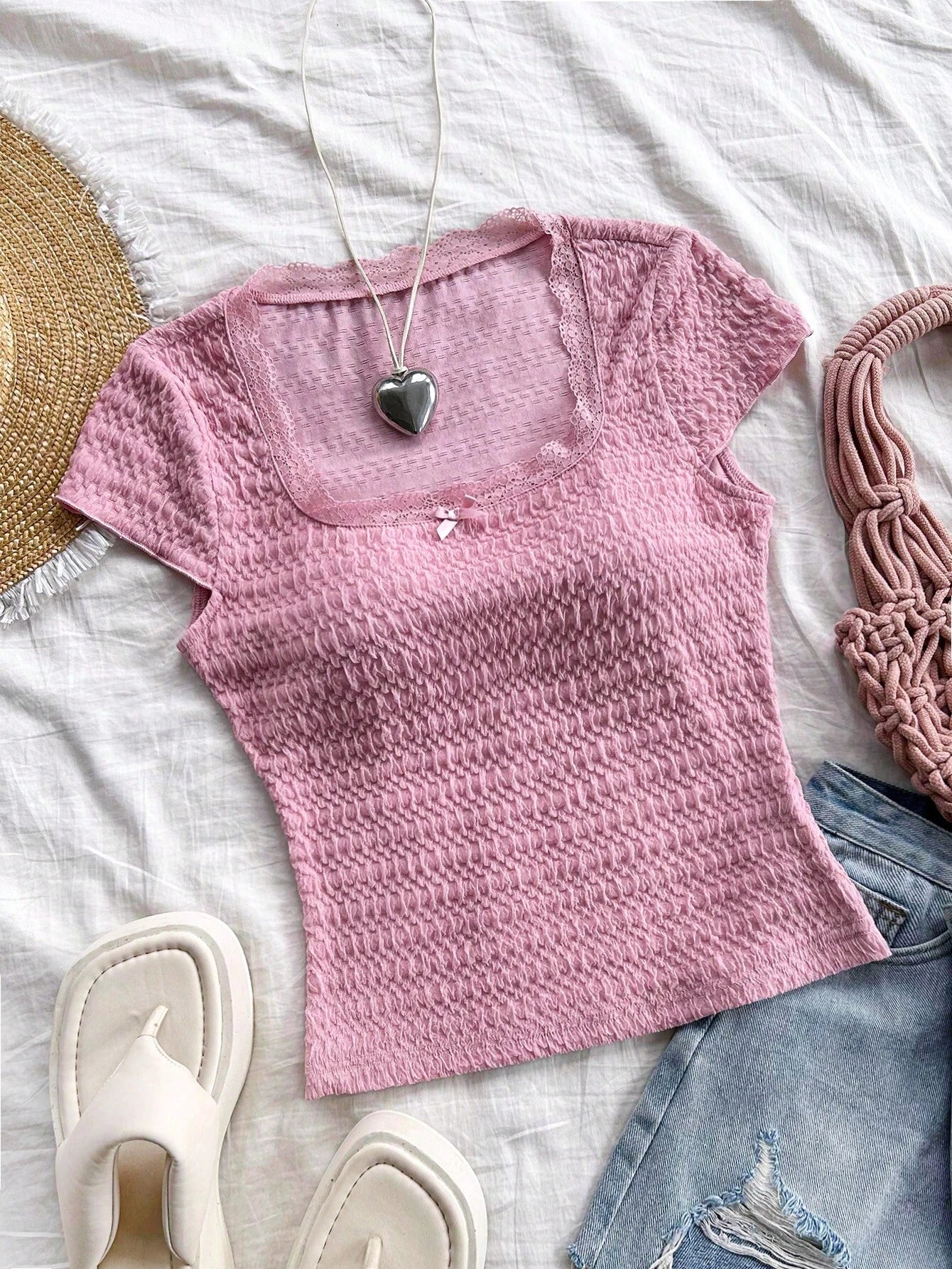 WYWH Women's Summer Solid Color Lace Edged Bow Tie Square Neck Short Sleeve T-Shirt shein