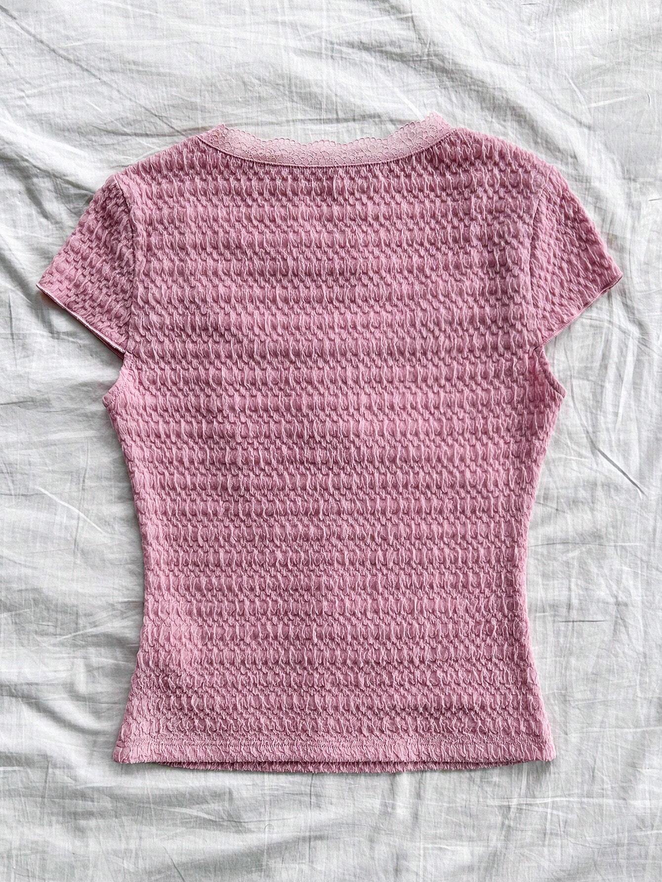 WYWH Women's Summer Solid Color Lace Edged Bow Tie Square Neck Short Sleeve T-Shirt shein