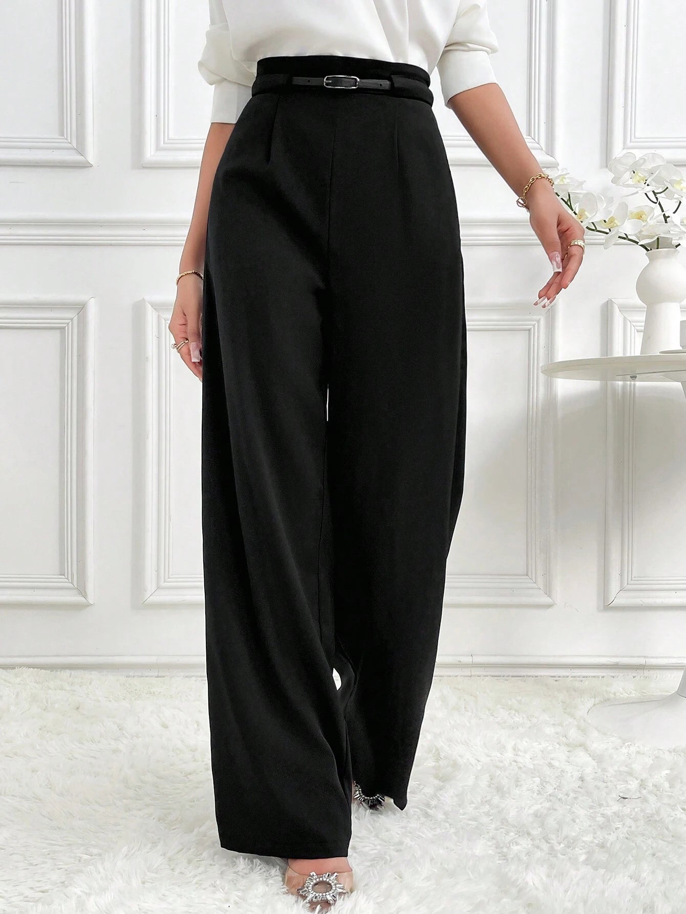 Modely Women's Solid High Waist Wide Leg Loose Casual Office Trousers shein