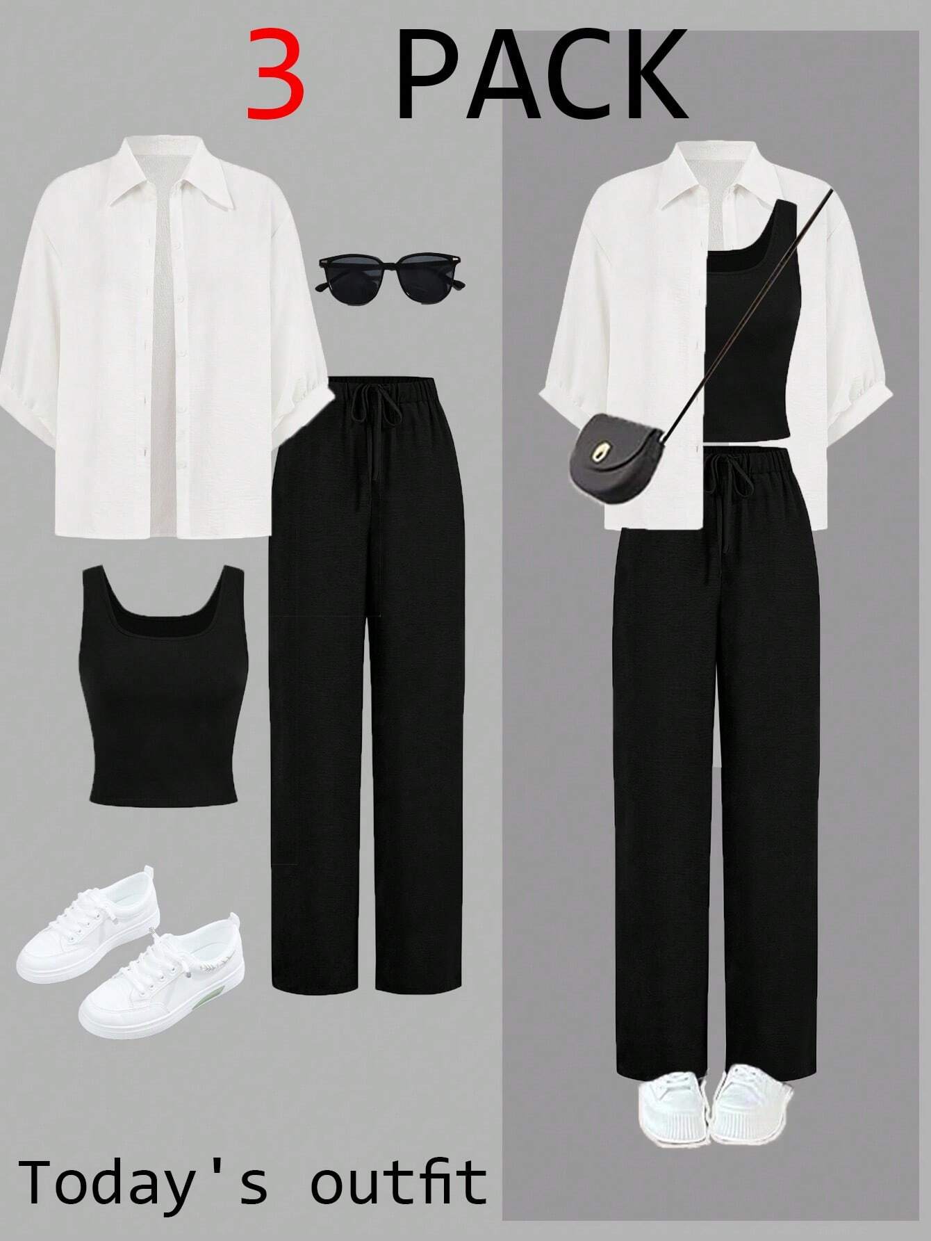 Luneh Square Neck Fitted Crop Top With Elastic Waist Bowknot Belt And Wide-Leg Pants + Vintage Leopard Print Button-Up Shirt shein
