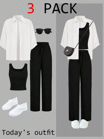 Luneh Square Neck Fitted Crop Top With Elastic Waist Bowknot Belt And Wide-Leg Pants + Vintage Leopard Print Button-Up Shirt