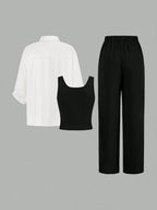 Luneh Square Neck Fitted Crop Top With Elastic Waist Bowknot Belt And Wide-Leg Pants + Vintage Leopard Print Button-Up Shirt shein