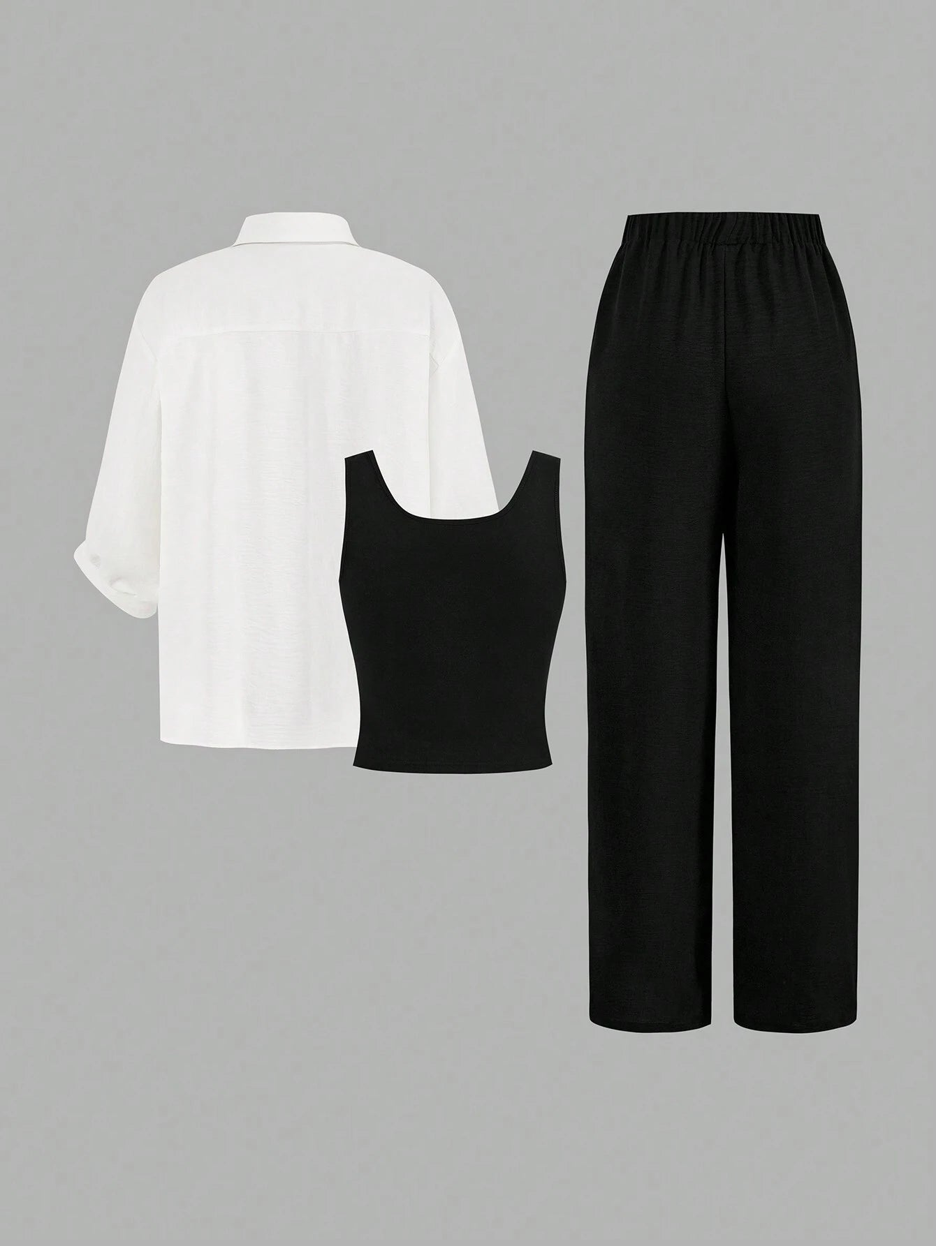 Luneh Square Neck Fitted Crop Top With Elastic Waist Bowknot Belt And Wide-Leg Pants + Vintage Leopard Print Button-Up Shirt shein