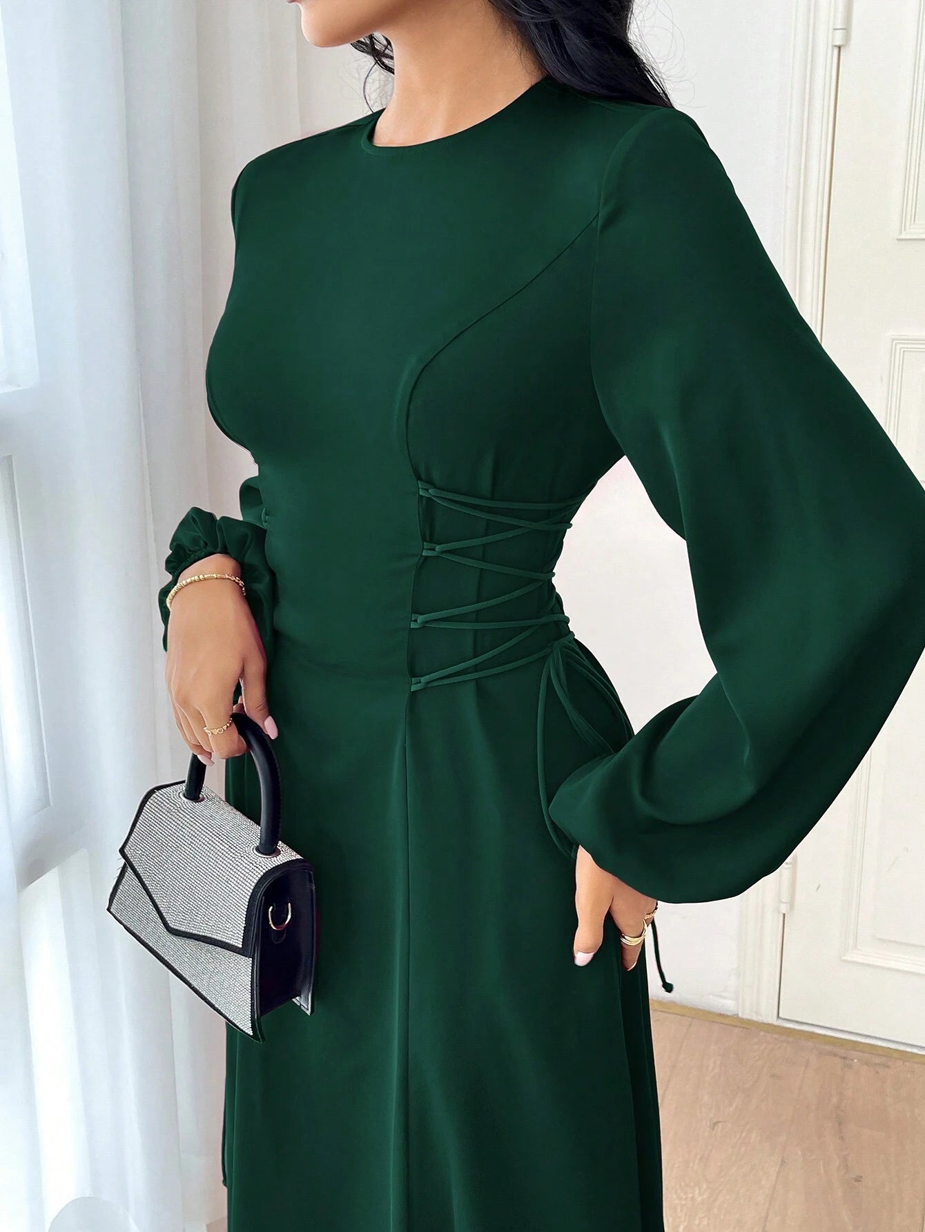 Modely Women's Solid Color Simple Daily Long Sleeve Dress shein