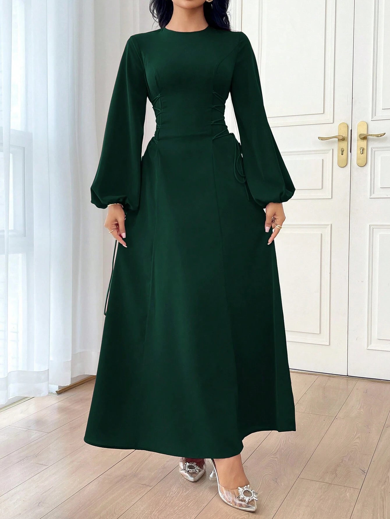 Modely Women's Solid Color Simple Daily Long Sleeve Dress shein