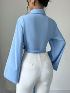 Elenzga Women's Elegant Front Button Knot Long Sleeve Blouse shein