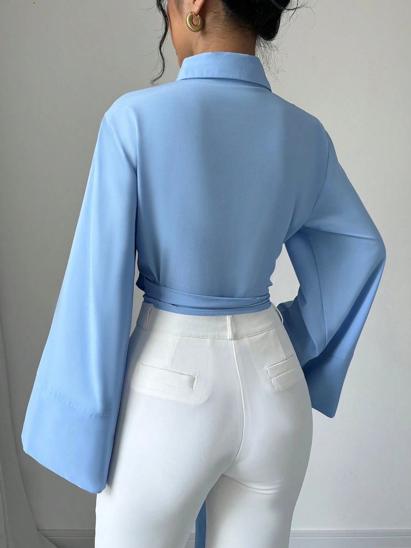 Elenzga Women's Elegant Front Button Knot Long Sleeve Blouse shein