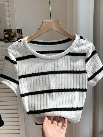 Women's Ribbed Ribbed Crew Neck T-Shirt