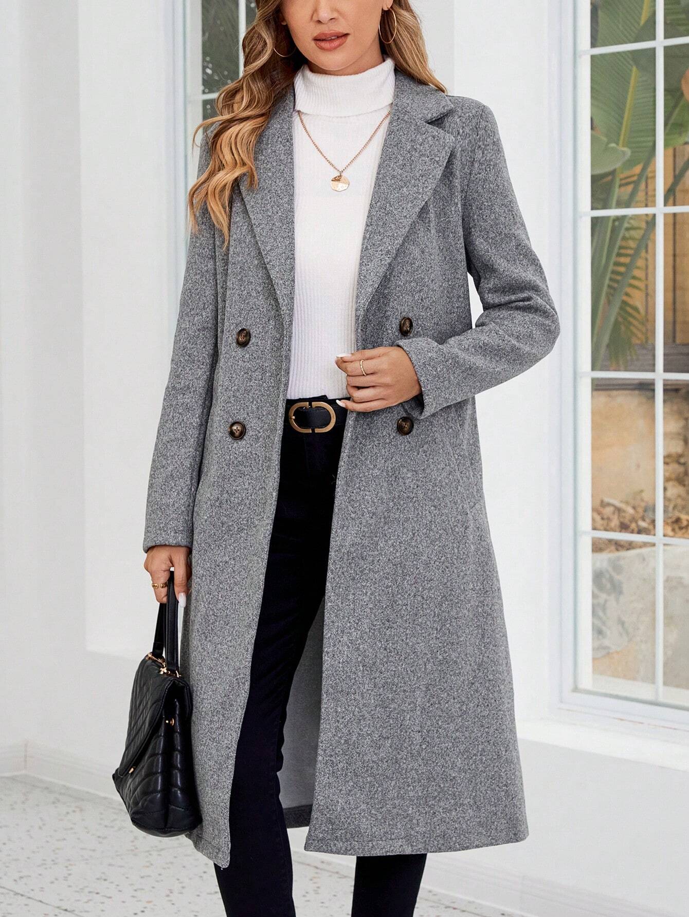 EMERY ROSE Lapel Neck Double Breasted Belted Overcoat shein