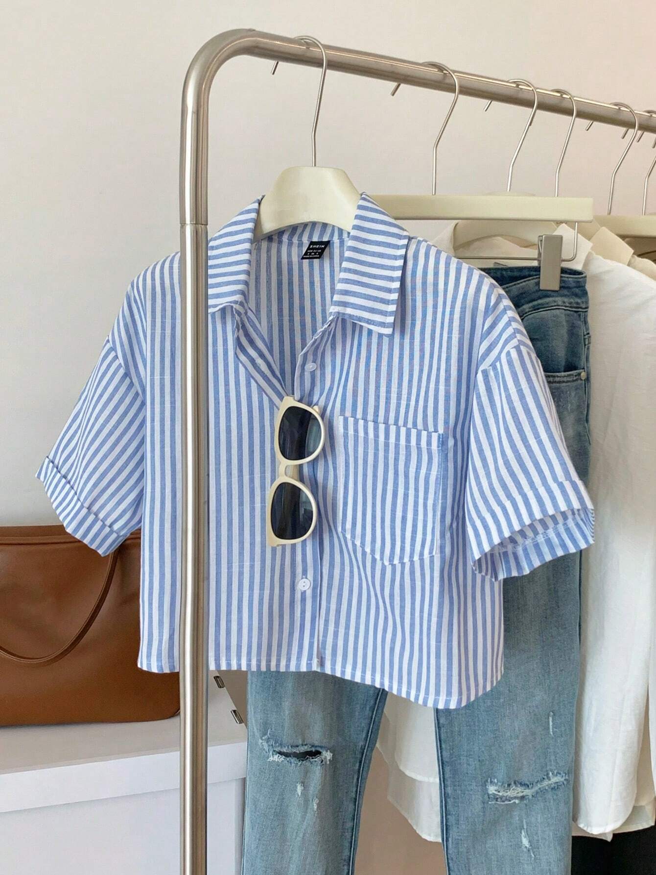 MOOSTA Striped Cropped Relaxed Casual Women Oversized Cuffed Sleeve Blouse shein