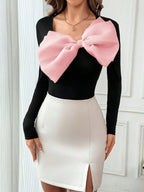 Privé Women's Round Neck Oversized Bow Decor Long Sleeve Fitted Elegant Gentle Sweet T-Shirt shein