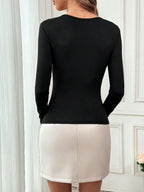 Privé Women's Round Neck Oversized Bow Decor Long Sleeve Fitted Elegant Gentle Sweet T-Shirt shein