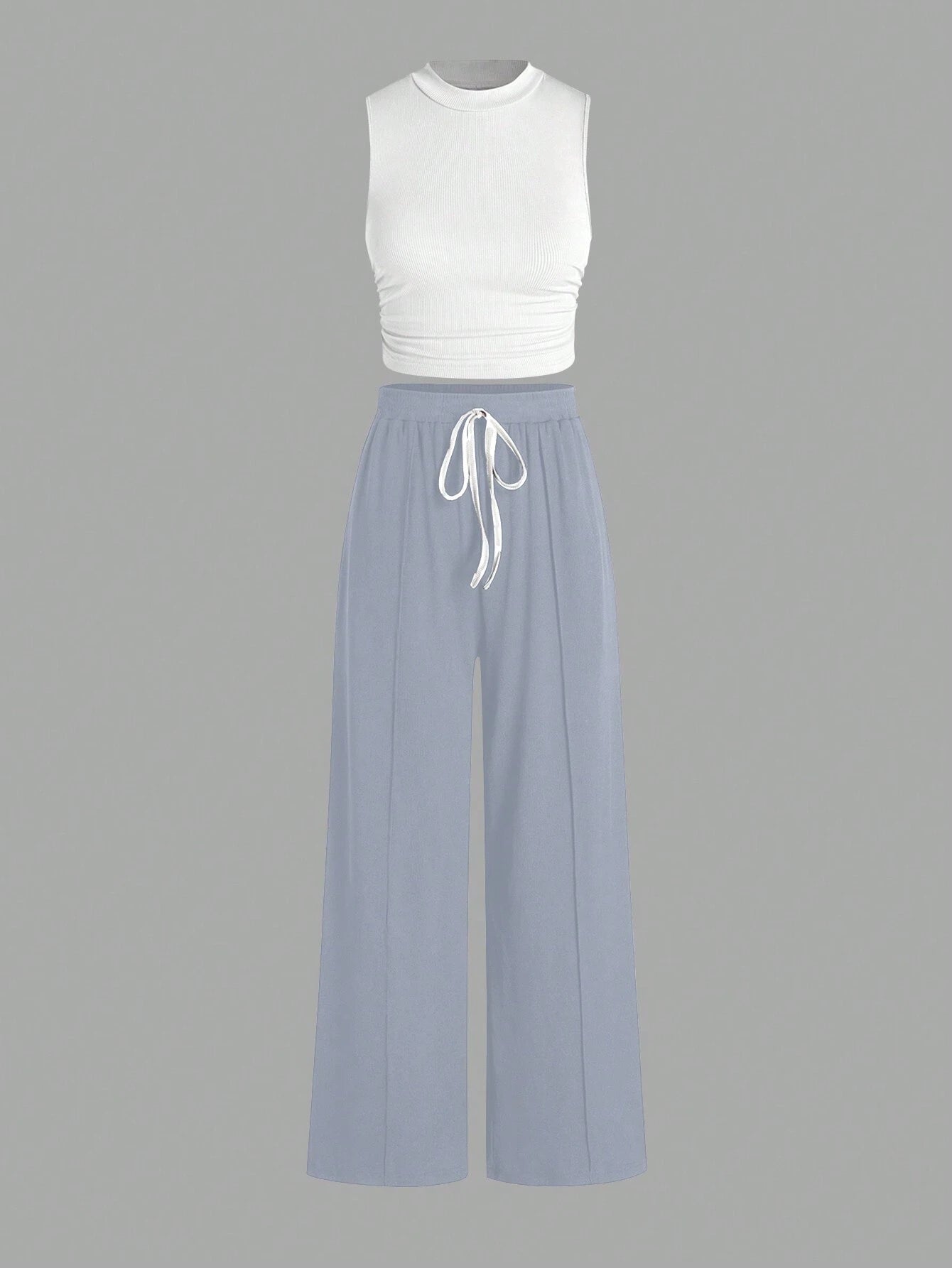 Essnce Summer Casual Solid Color Slim-Fit Ruched Crop Top And Long Pants Set shein