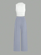 Essnce Summer Casual Solid Color Slim-Fit Ruched Crop Top And Long Pants Set shein