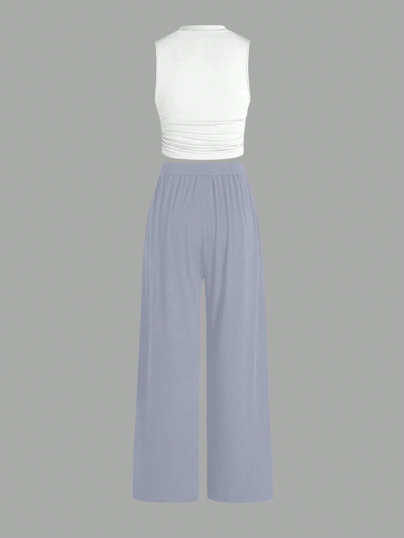 Essnce Summer Casual Solid Color Slim-Fit Ruched Crop Top And Long Pants Set shein