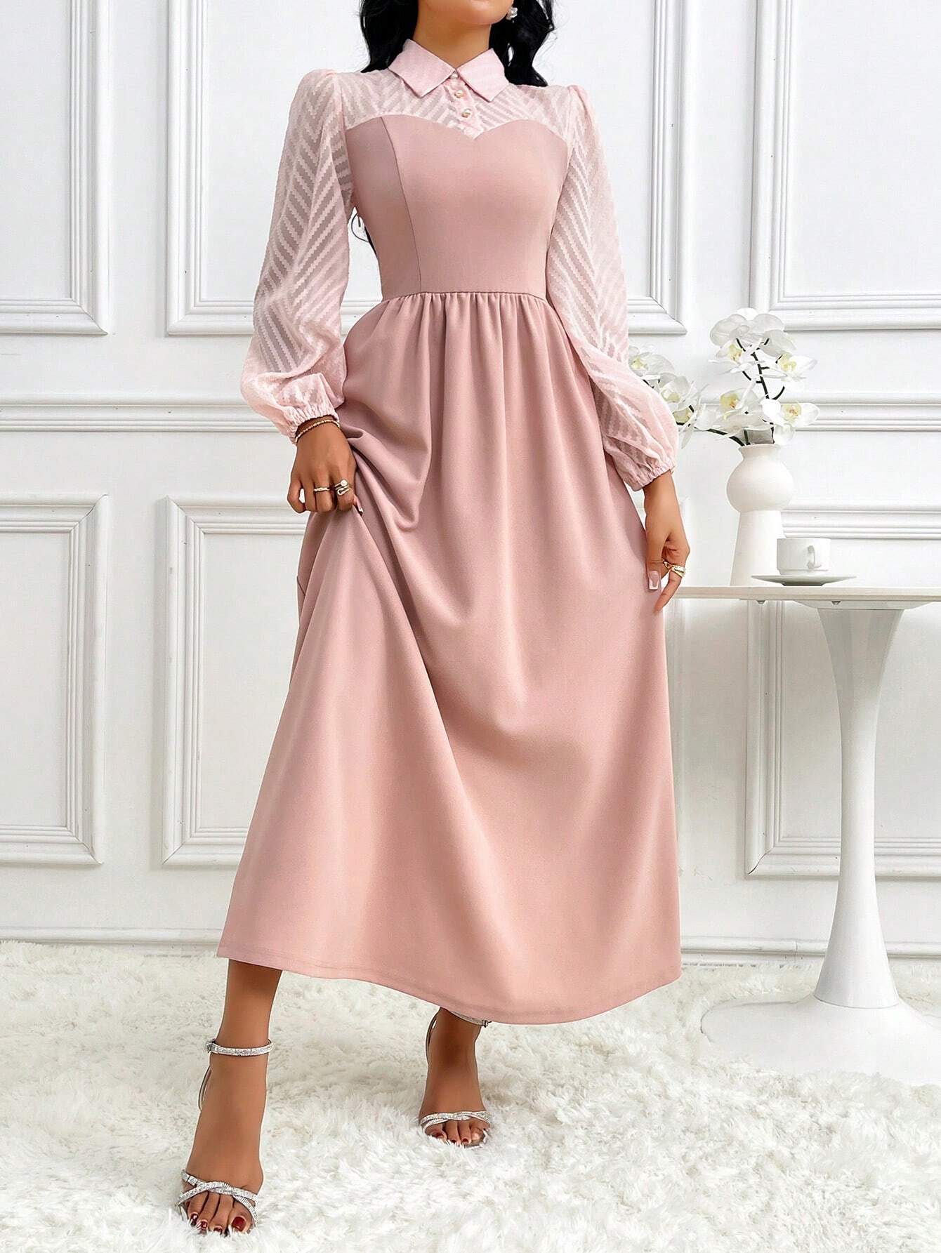 Modely Two Tone Lantern Sleeve Dress shein