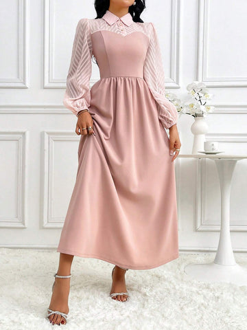 Modely Two Tone Lantern Sleeve Dress shein