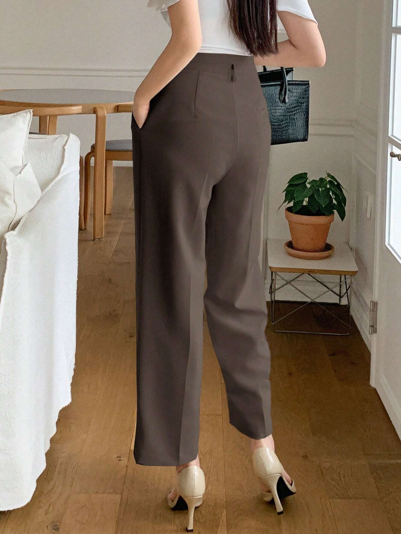 DAZY Women Business Casual Solid Color Zipper Pocket 7/8 Length Suit Pants shein