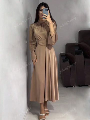 Women Solid Color Round Neck Belted Flare Sleeve Satin Elegant Dress shein