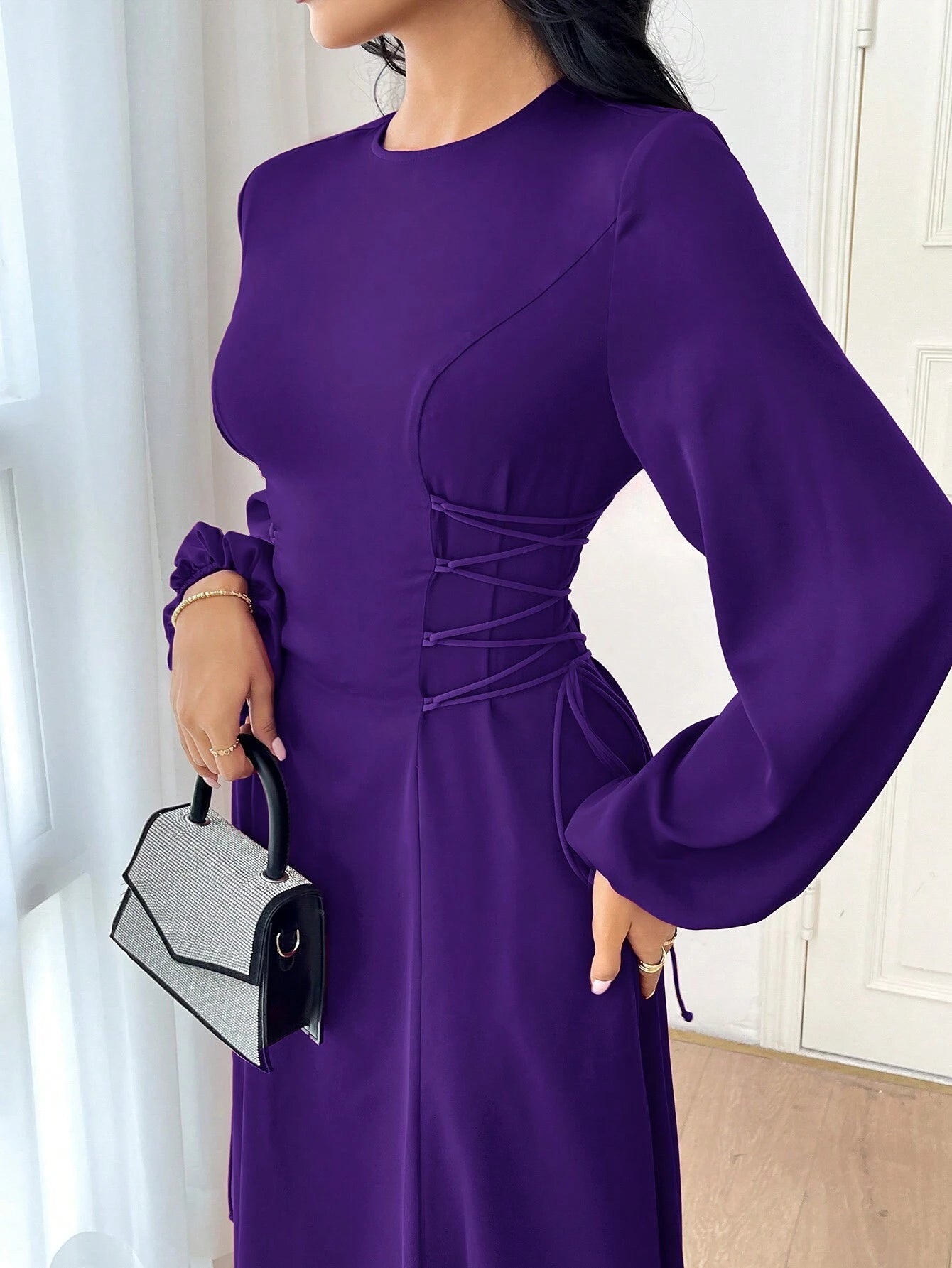 Modely Women's Solid Color Simple Daily Long Sleeve Dress shein