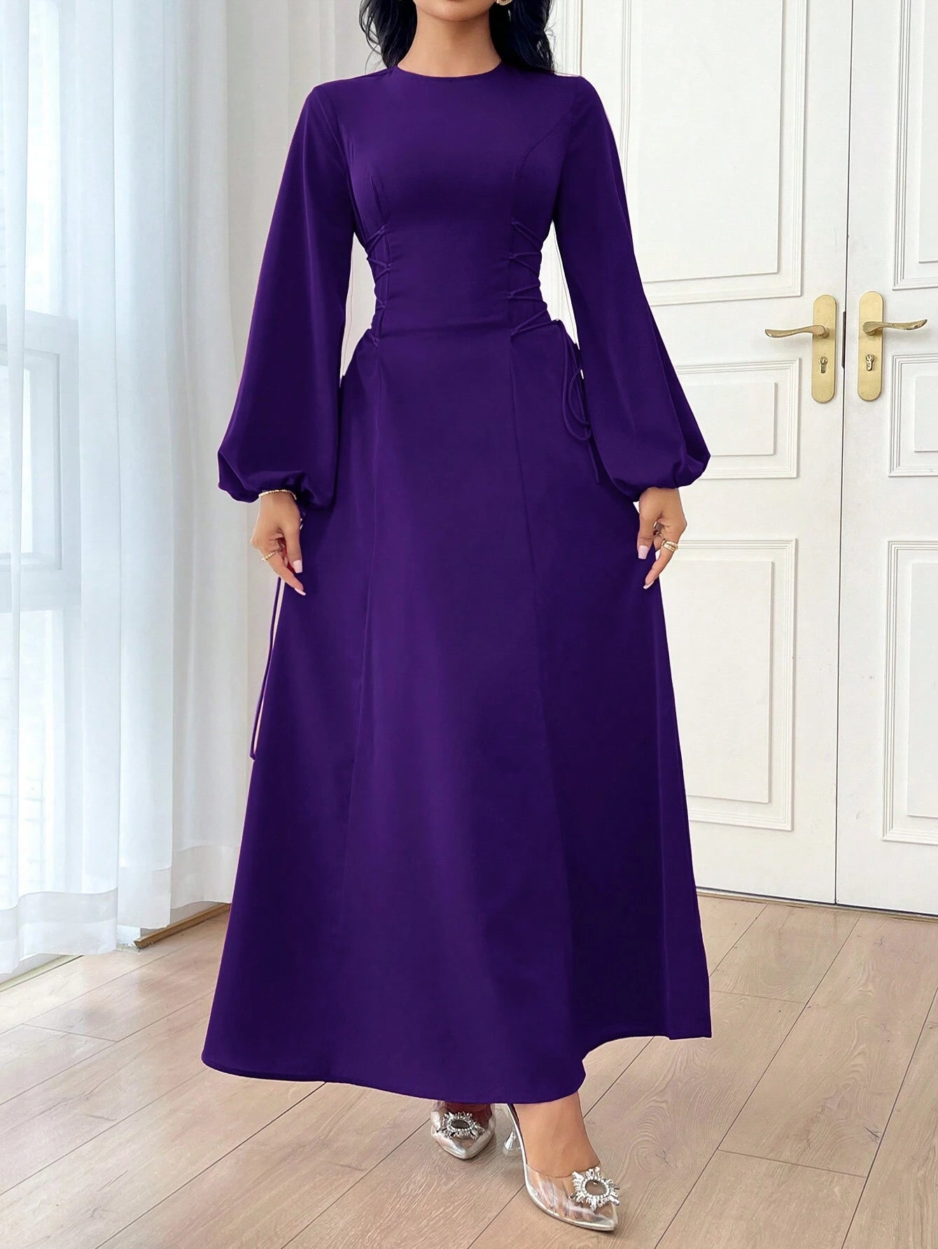Modely Women's Solid Color Simple Daily Long Sleeve Dress shein