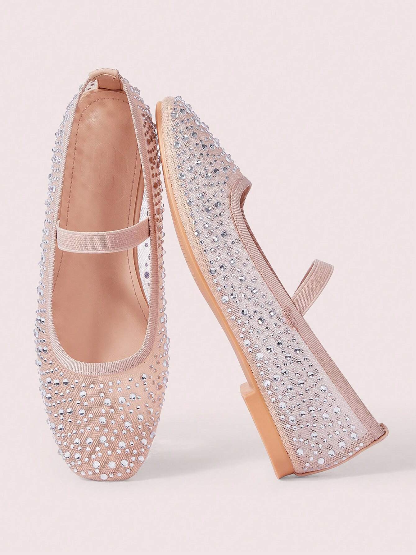 CUCCOO DOLLMOD Fashionable Apricot Color Rhinestoned Mesh Mary Jane Flats Shein