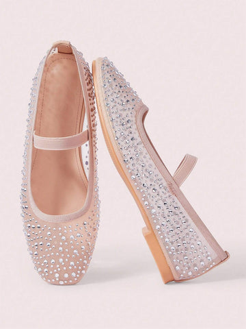 CUCCOO DOLLMOD Fashionable Apricot Color Rhinestoned Mesh Mary Jane Flats