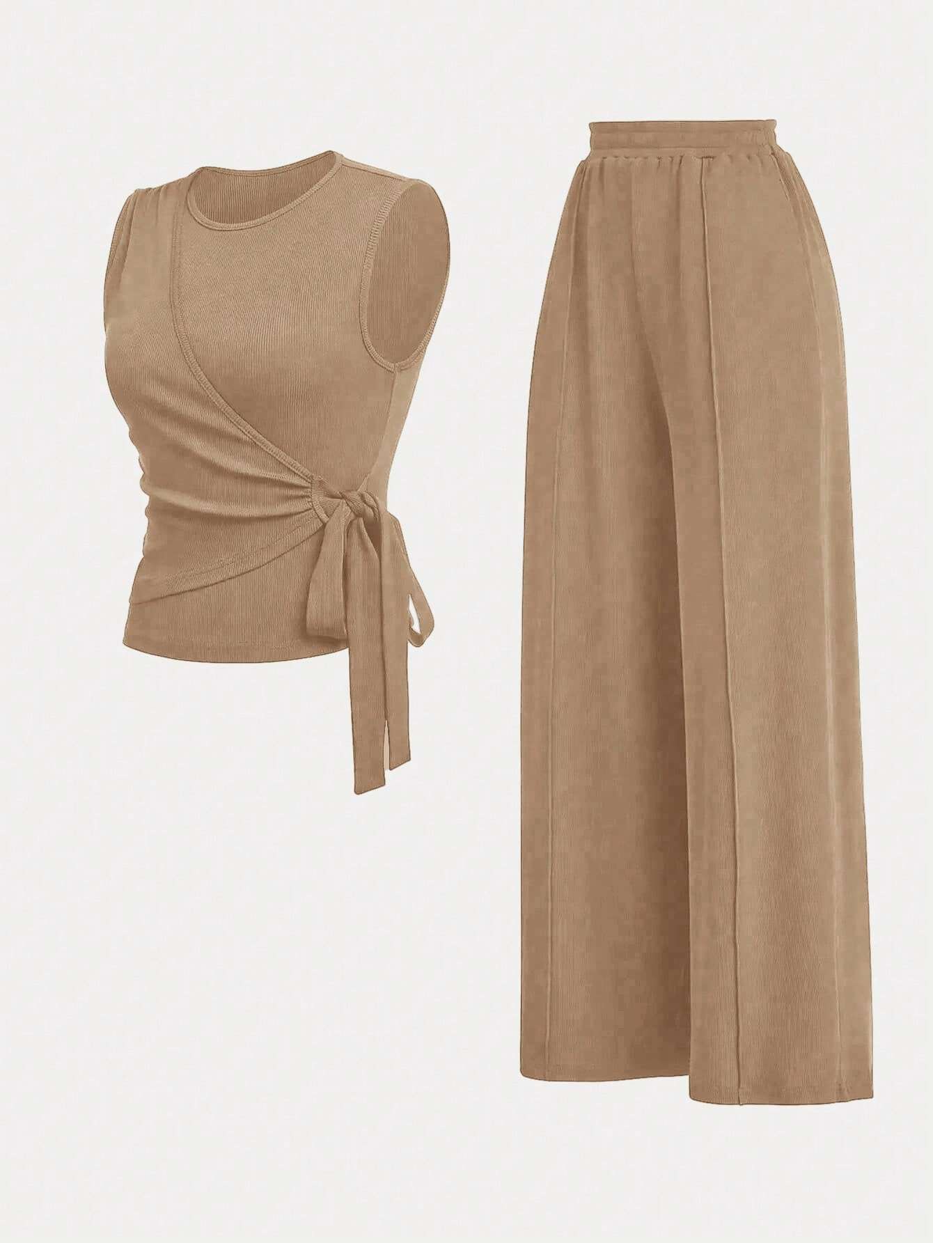 Unity Ladies' Solid Color Cross Wrap Tie Sleeveless Top And Long Pants Casual Two-Piece Set shein