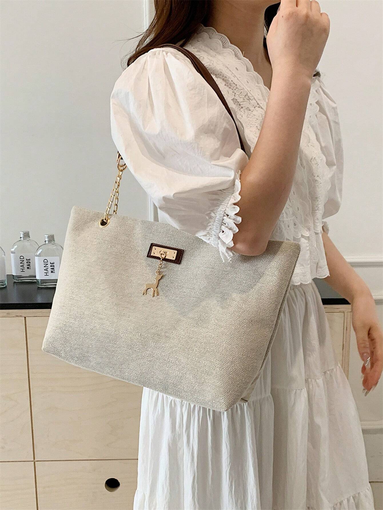 1pc Polyester Deer Decoration Large Capacity Zipper Closure Fashion Shoulder Tote Bag shein