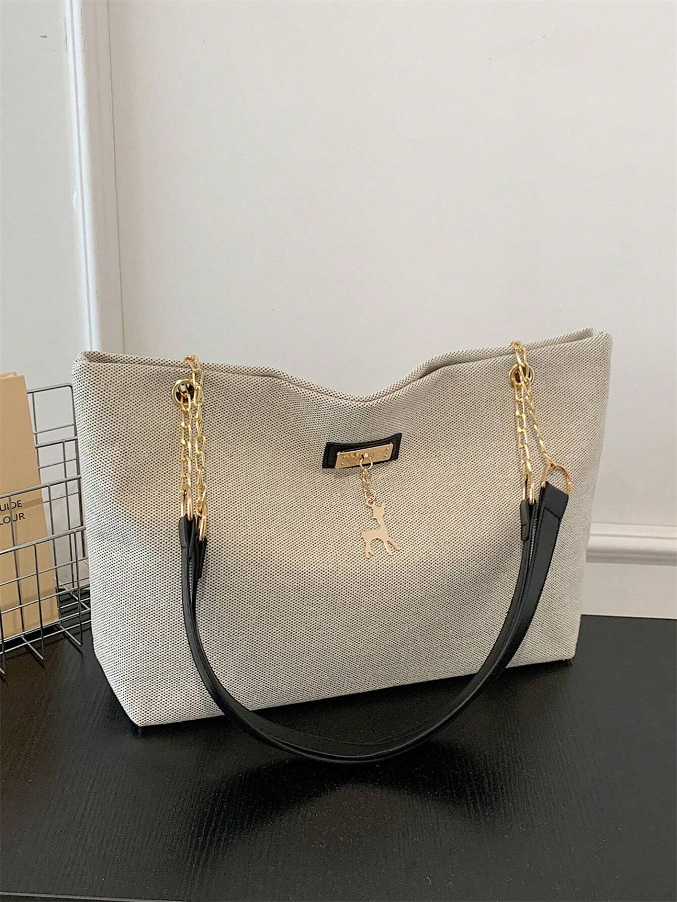 1pc Polyester Deer Decoration Large Capacity Zipper Closure Fashion Shoulder Tote Bag shein