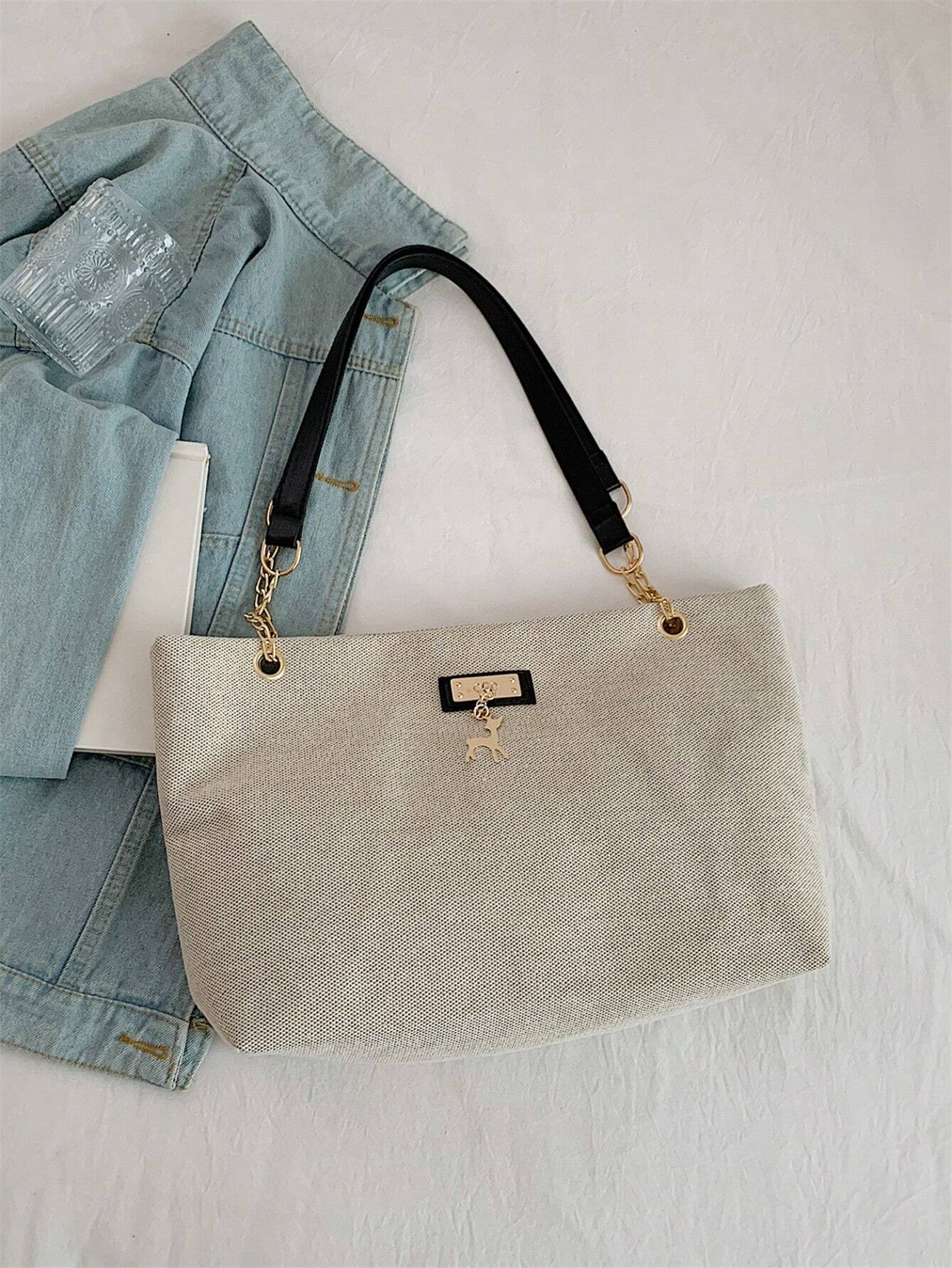 1pc Polyester Deer Decoration Large Capacity Zipper Closure Fashion Shoulder Tote Bag shein