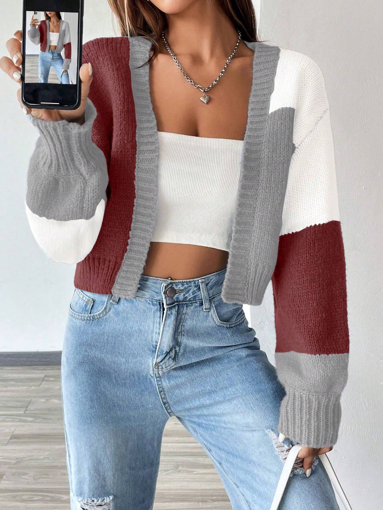 MOOSTA Loose-Fit Color-Block Slouchy Cardigan With Long Sleeves shein