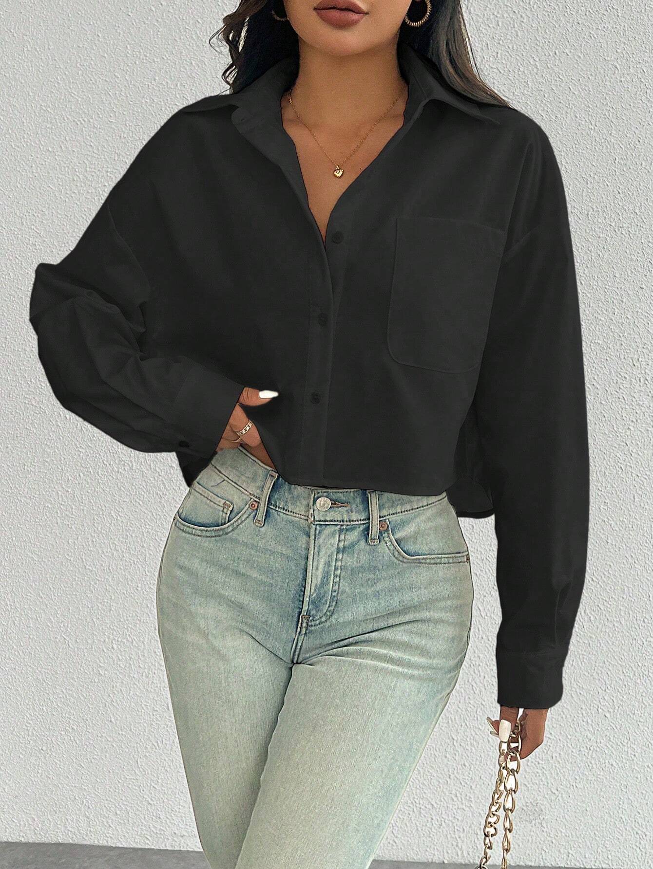 ChicEase Women Plain Button Front Long Sleeve Pocket Casual Shirt shein