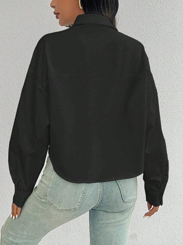 ChicEase Women Plain Button Front Long Sleeve Pocket Casual Shirt
