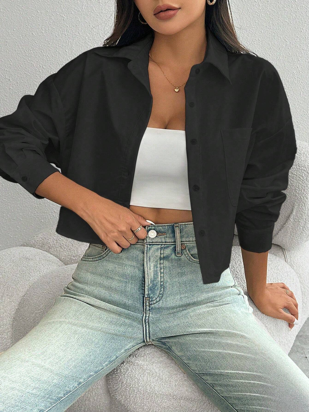 ChicEase Women Plain Button Front Long Sleeve Pocket Casual Shirt shein