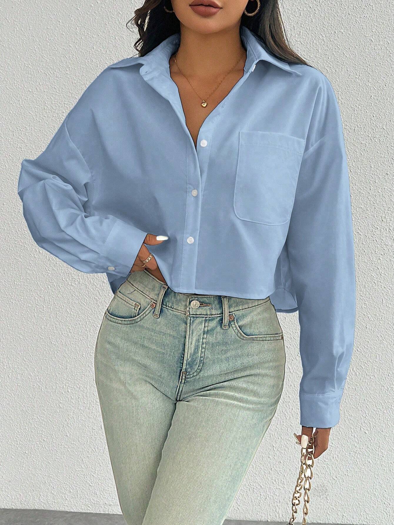 ChicEase Women Plain Button Front Long Sleeve Pocket Casual Shirt shein