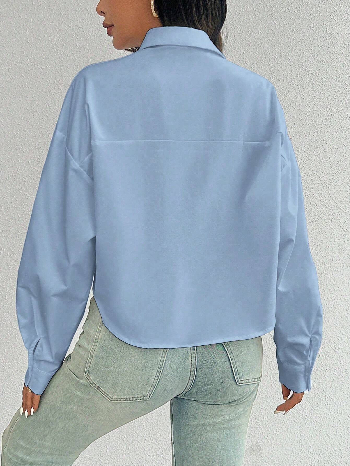 ChicEase Women Plain Button Front Long Sleeve Pocket Casual Shirt shein