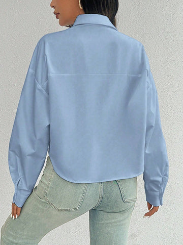 ChicEase Women Plain Button Front Long Sleeve Pocket Casual Shirt
