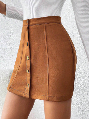 Clasi Solid Color Front Button Closure Skirt For Casual Wear shein