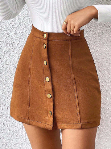 Clasi Solid Color Front Button Closure Skirt For Casual Wear shein