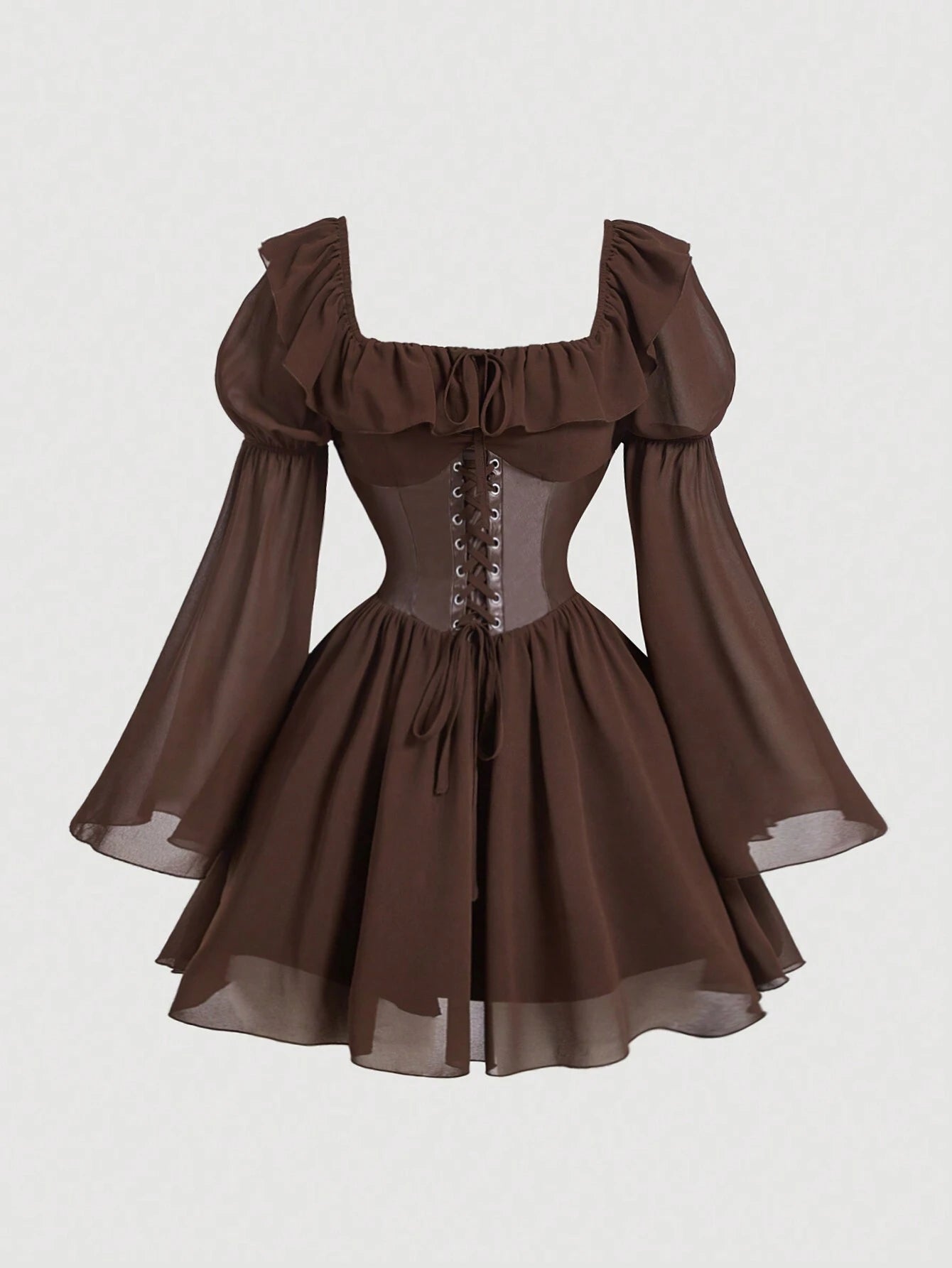 MOD Black Chiffon Patchwork PU Waist Vintage Flare Sleeve A-Line Dress shein