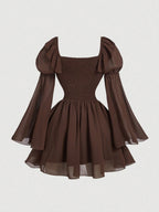 MOD Black Chiffon Patchwork PU Waist Vintage Flare Sleeve A-Line Dress shein