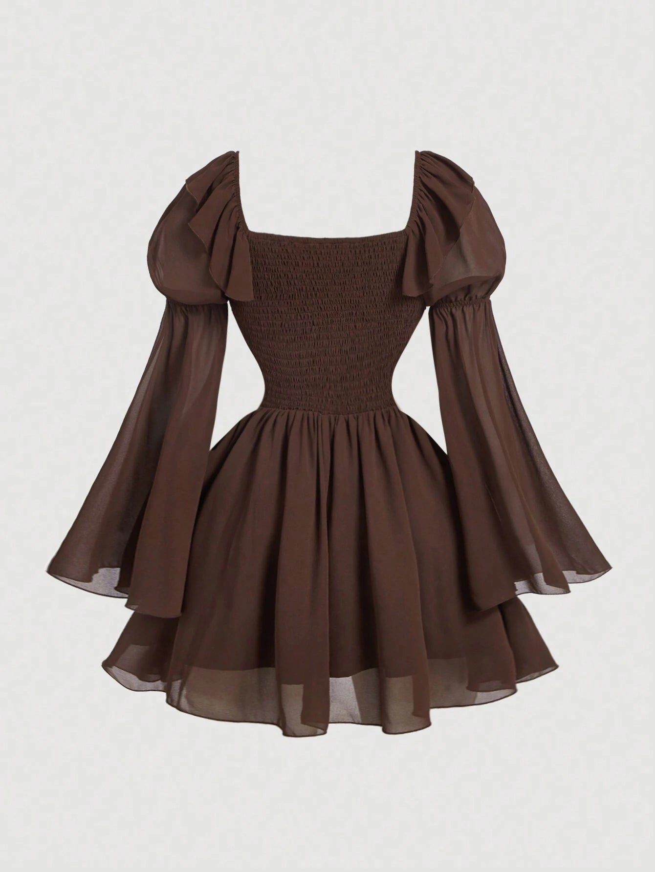 MOD Black Chiffon Patchwork PU Waist Vintage Flare Sleeve A-Line Dress shein