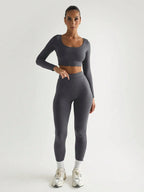 Solid Slim Two Piece Set Casual Long Sleeve Crop Top And Pencil Skinny Pants shein