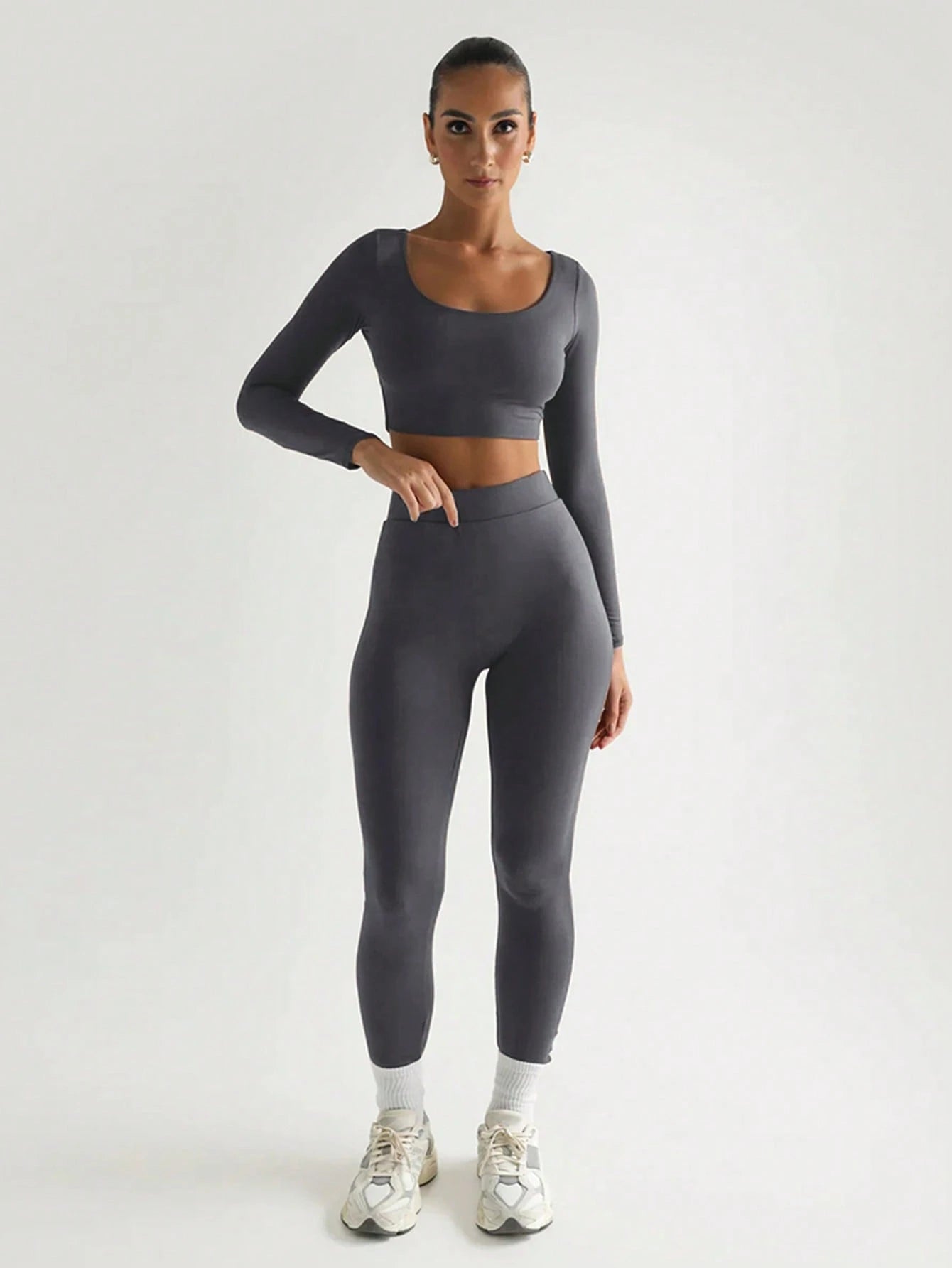 Solid Slim Two Piece Set Casual Long Sleeve Crop Top And Pencil Skinny Pants shein