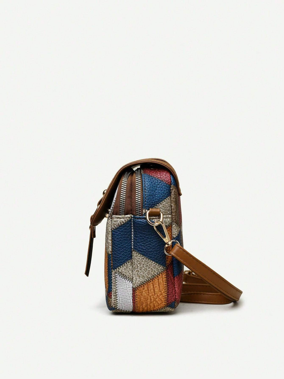 1pc Color Block Rhombus Pattern Fabric Decorated Crossbody Bag With Flap shein