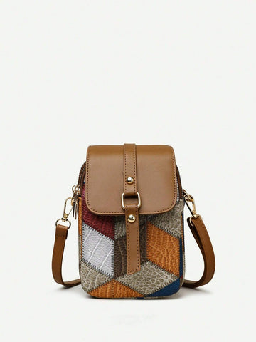 1pc Color Block Rhombus Pattern Fabric Decorated Crossbody Bag With Flap